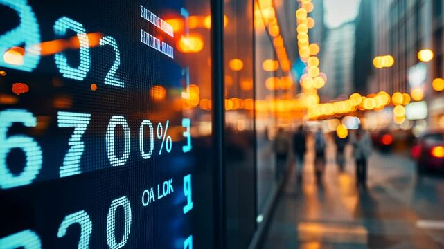 Close up view of a digital stock market ticker in a city setting at night