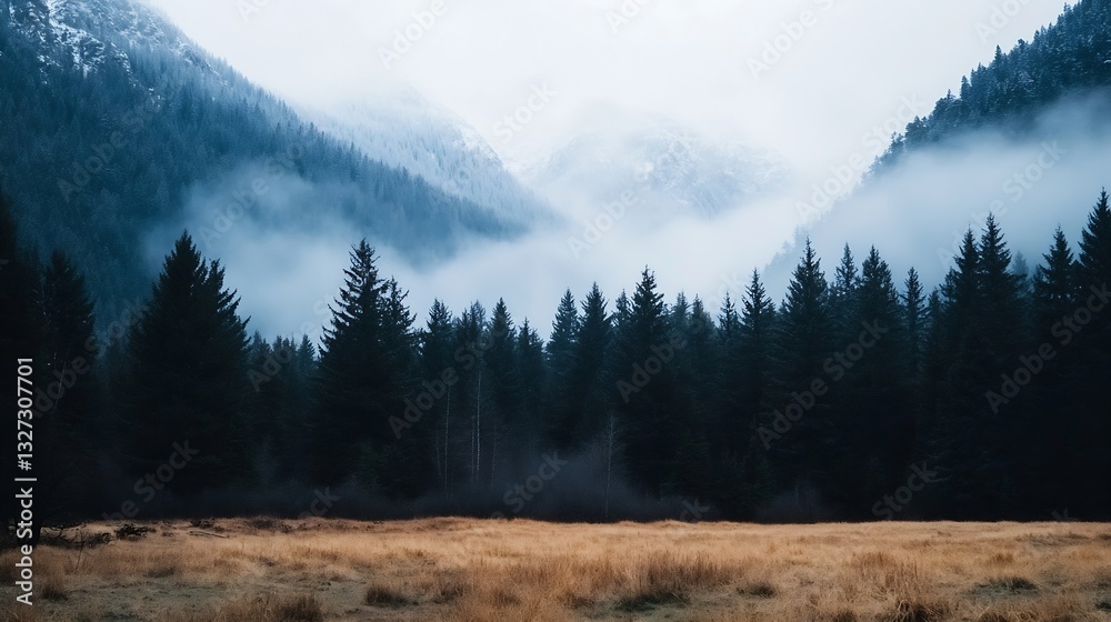 Poster serene winter landscape with foggy mountains and evergreen trees in a tranquil natural setting : gen