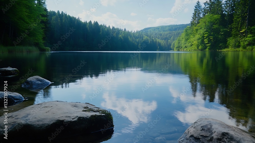 Poster Calm lake surrounded by lush green forests reflecting the sky and trees in serene waters : Generative AI