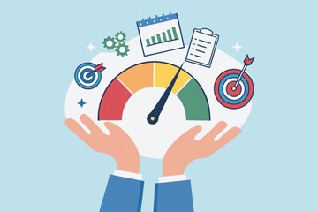 KPI key performance indicator, success benchmark or measuring goal achievement, metric or comparison standard, winning target dashboard concept, businessman hand with KPI performance gauge scale.