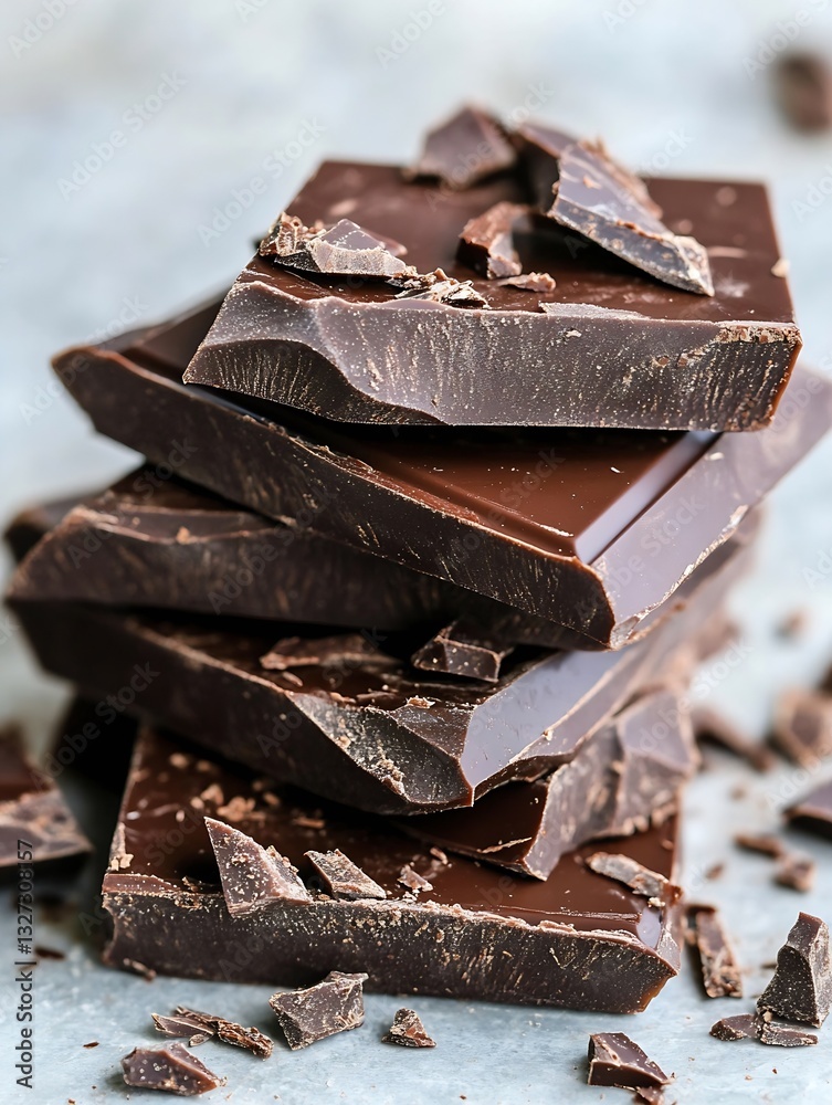 Poster delicious dark chocolate bars stacked on a gray surface showcasing rich and smooth texture : generat
