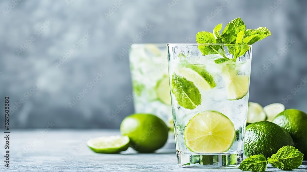 Poster refreshing cocktail with lime and mint served in glasses on a gray background : generative ai