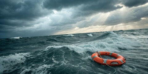 Orange Lifebuoy on Stormy Sea, Rescue ,Ocean
