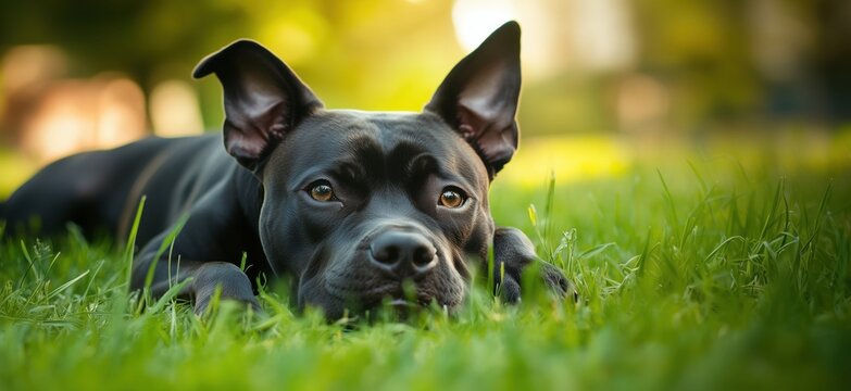 Black dog lying on grass in park with soft sunlight and blurred background