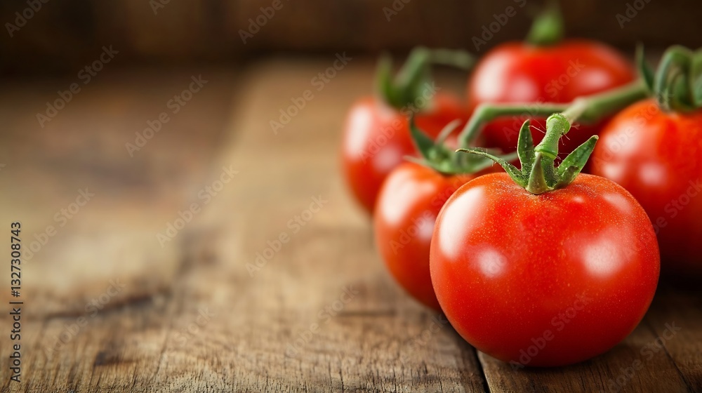 Poster freshly harvested ripe tomatoes displayed on rustic wooden table with natural light highlighting the