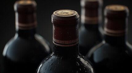 Elegant row of wine bottles, soft light enhancing textures, a refined display of sophistication and craftsmanship.
