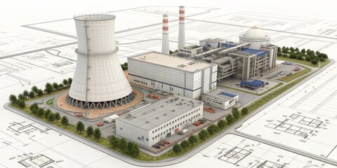 Nuclear Plant Blueprint Aerial View, Industrial Design , Engineering