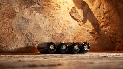 Elegant row of wine bottles, soft light enhancing textures, a refined display of sophistication and craftsmanship.

