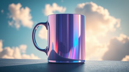 Obraz premium Holographic Mug, Futuristic Design, Soft Shadows, Deep Blue Sky