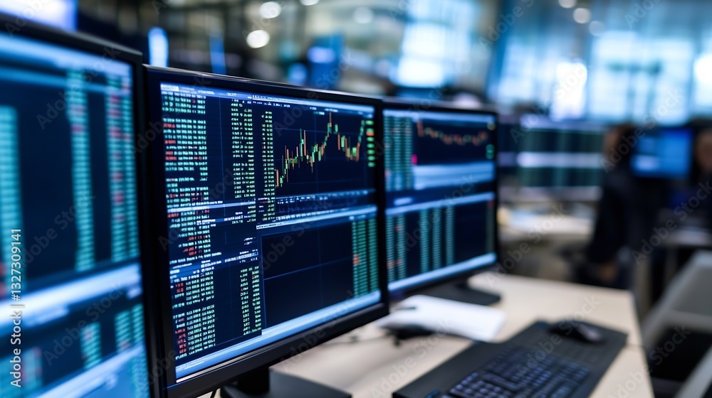 Aufkleber Hightech financial data analysis with multiple monitors displaying stock market information in a trading center : Generative AI