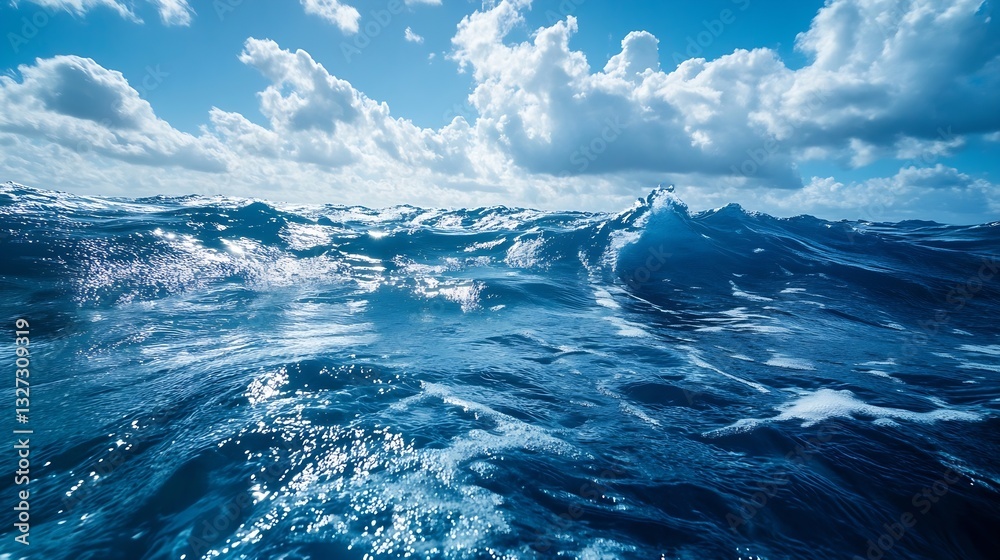 Poster vast ocean waves under bright blue sky with fluffy clouds creating dramatic scene : generative ai