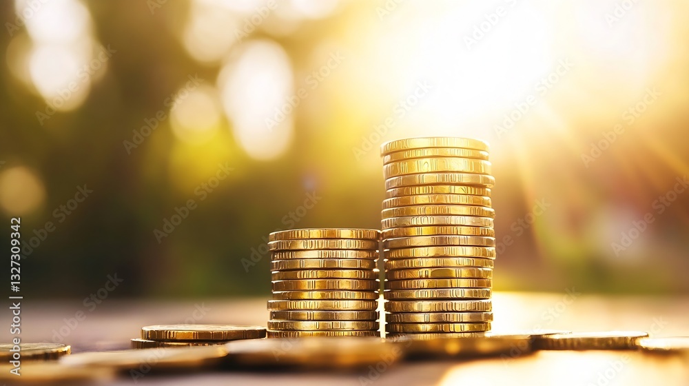 Leinwandbilder Stacks of coins shining in sunlight with a blurred background showing a wealth concept and financial growth : Generative AI