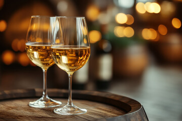Two glasses of white wine on a barrel in a cozy wine cellar.