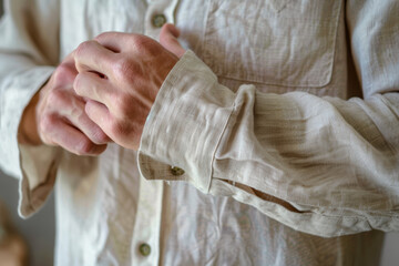 Close-Up of Hands Adjusting Cuff on Eco-Friendly Linen Shirt for Sustainable Fashion