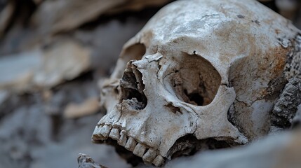 Close up view of human skull resting on debris showcasing unique textures and ancient history : Generative AI