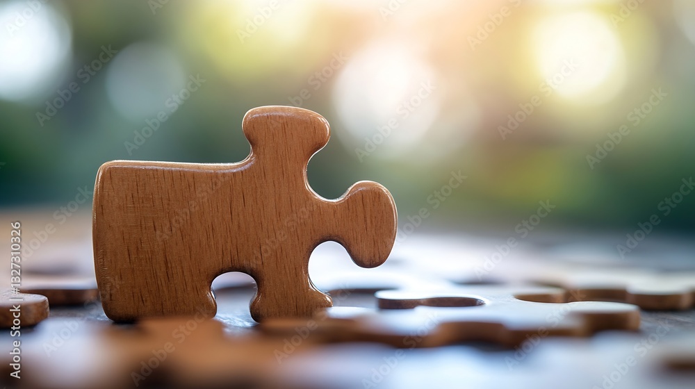 Poster closeup of a wooden puzzle piece among scattered pieces symbolizing completion and challenge : gener
