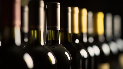 Elegant row of wine bottles, soft light enhancing textures, a refined display of sophistication and craftsmanship.
