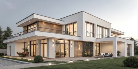 Modern White Two-Story Home with Wood Accents and Balcony, Architecture, Real Estate