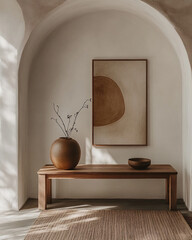 Minimalist modern interior with a neutral palette, abstract wall art, wooden chair, and natural decor.