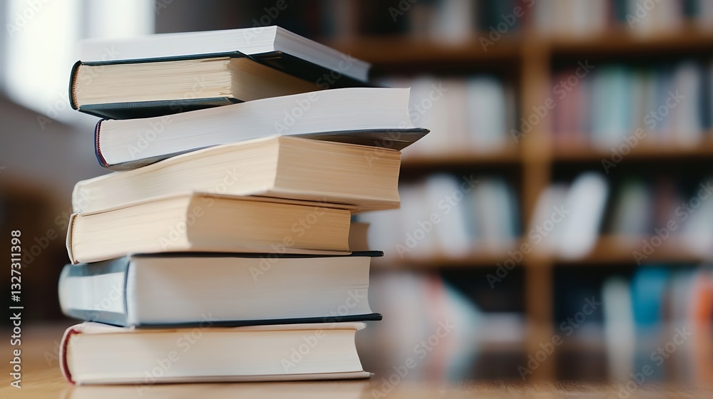 Poster stack of colorful books on wooden table in cozy library environment : generative ai