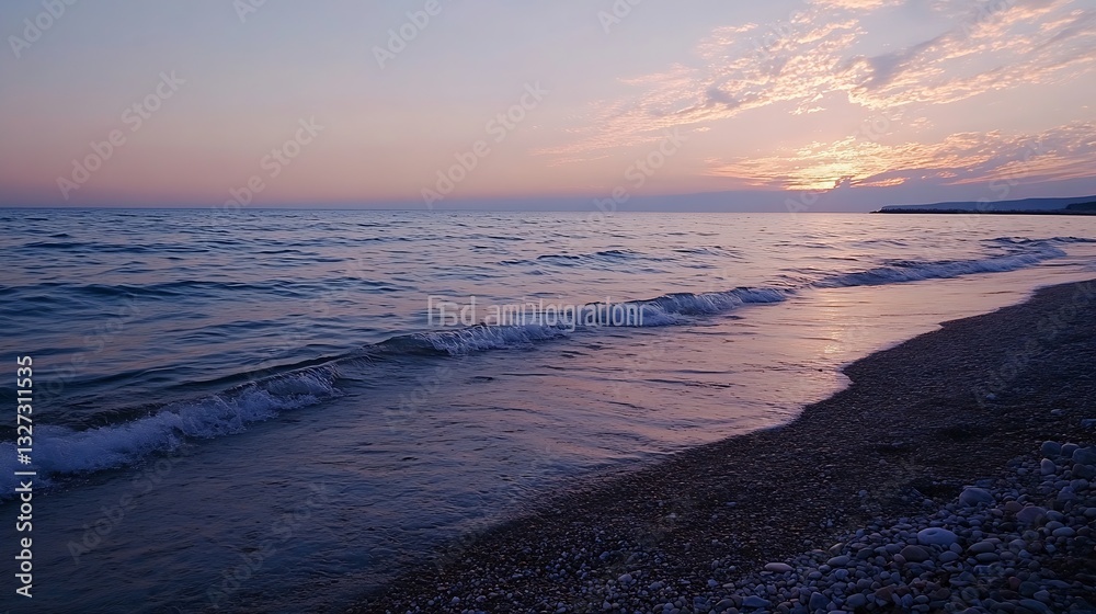Poster stunning sunset over a tranquil sea with gentle waves lapping at a pebbly beach : generative ai