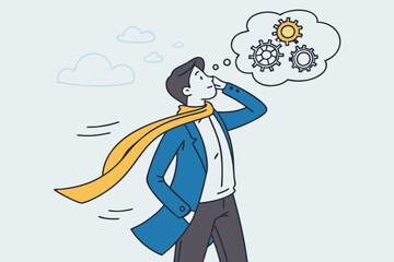 Problem solving, solution or strategic thinking, creativity to solve frustrated problem, contemplation on messy issue, opportunity discovery, businessman thinking with mess problem and lightbulb idea.