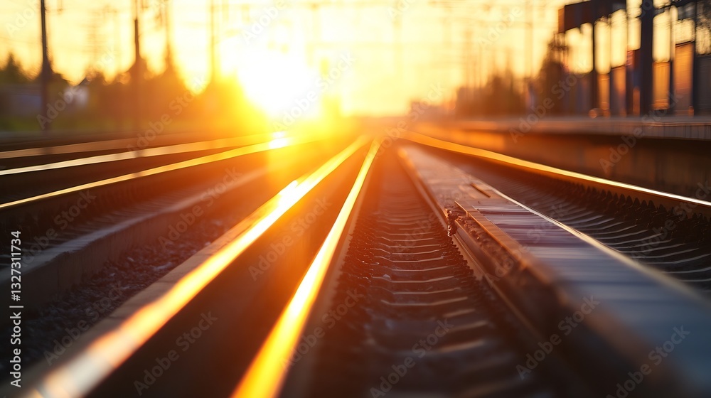 Poster stunning sunset over railway tracks with golden light illuminating the metal rails and distant trees