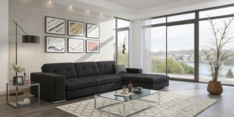 Modern Living Room with Black Sectional Sofa, Large Windows and Abstract Wall Art , Interior Design , Home Decor