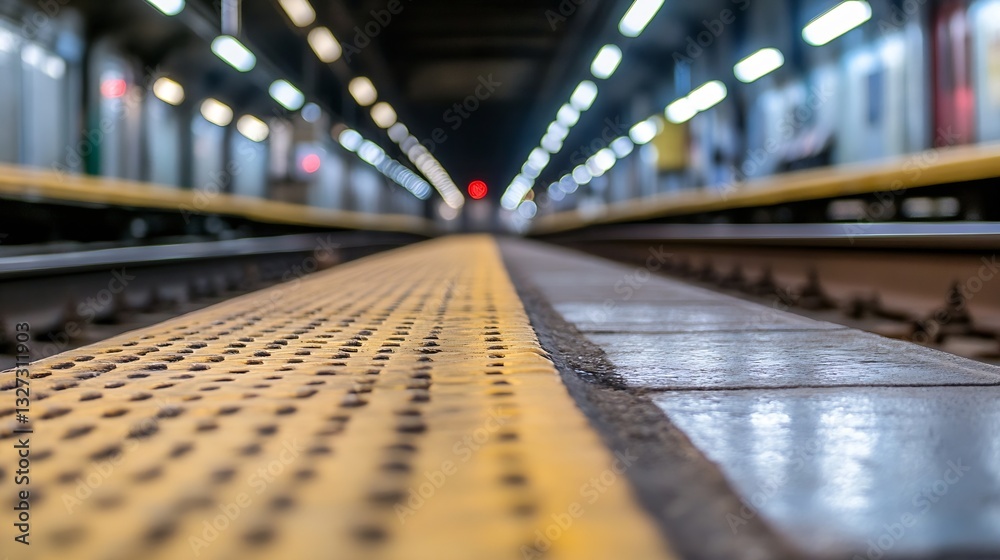 Poster underside perspective of a train platform with distinct yellow tactile paving at a busy station : ge