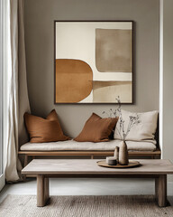 Minimalist modern interior with a neutral palette, abstract wall art, wooden chair, and natural decor.