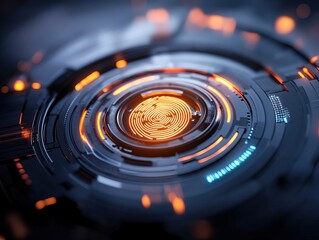 A futuristic design featuring a glowing orange fingerprint surrounded by a circular, high-tech interface with intricate patterns and vibrant colors.