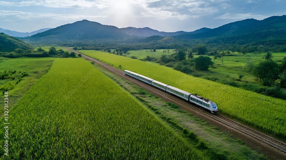 Poster a sleek train gliding through lush green fields and mountains with stunning natural scenery surround