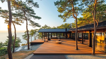 A modern Japanese hilltop house, surrounded by pine trees, with an open terrace facing the ocean. --chaos 20 --ar 16:9 --quality 2 --v 6.1 Job ID: 4e783e95-281e-4949-962d-3039ac74b286