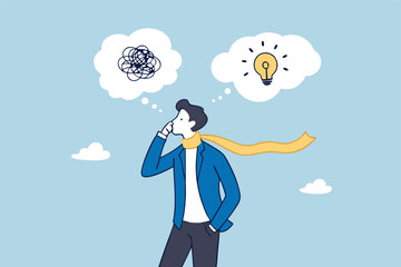 Problem solving, solution or strategic thinking, creativity to solve frustrated problem, contemplation on messy issue, opportunity discovery, businessman thinking with mess problem and lightbulb idea.
