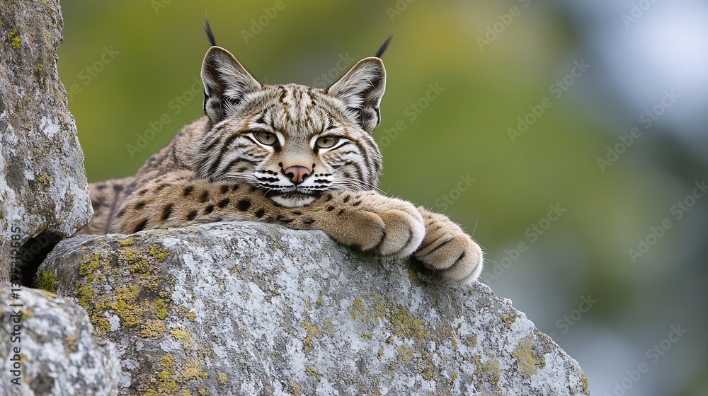 Aufkleber A majestic lynx resting on a rock with a calm expression against a blurred green background : Generative AI