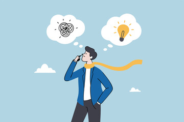 Problem solving, solution or strategic thinking, creativity to solve frustrated problem, contemplation on messy issue, opportunity discovery, businessman thinking with mess problem and lightbulb idea.