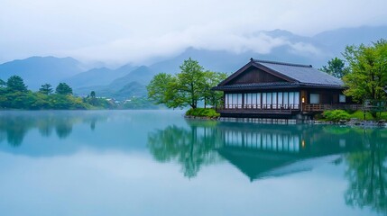 Obraz premium A peaceful Japanese lakeside cottage, reflecting perfectly on the calm water, with rolling mountains beyond. --chaos 20 --ar 16:9 --quality 2 --v 6.1 Job ID: 92a7ab56-773b-420c-b829-0a3252c9cdfe