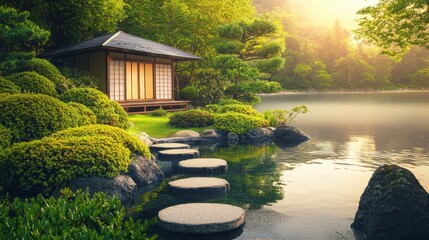 Fototapeta premium A peaceful Japanese temple garden, with stepping stones leading to a small house overlooking the sea. --chaos 20 --ar 16:9 --quality 2 --v 6.1 Job ID: 89f62f27-38f9-4649-be4e-074d2affbd18