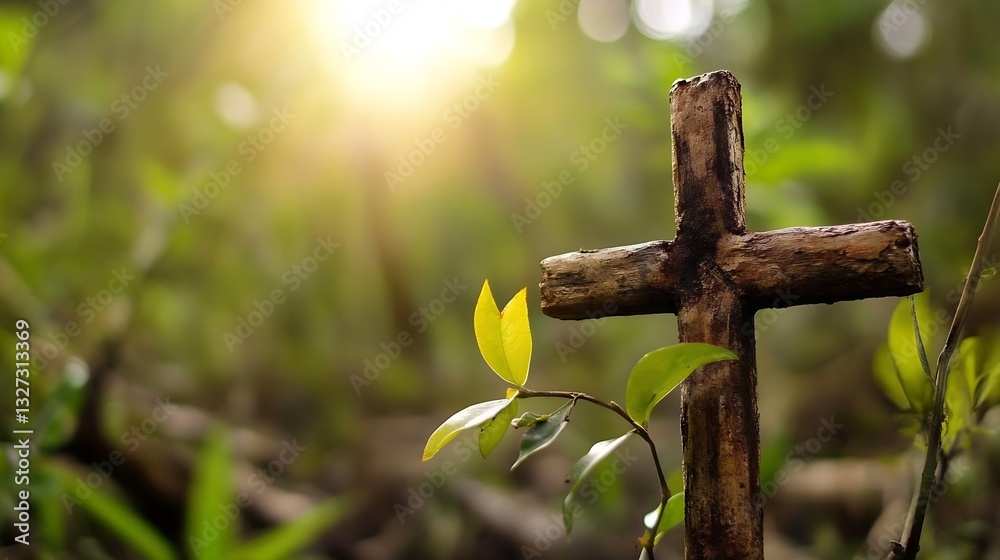 Poster sunlight filtering through a forest highlights a rustic wooden cross symbolizing peace and spiritual