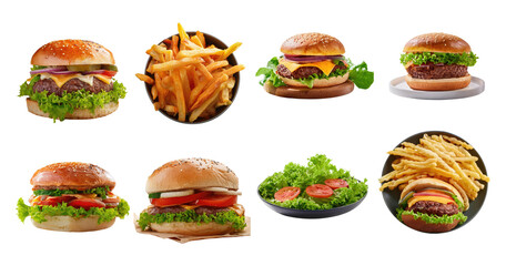 Delicious Hamburger Selection with Crispy Fries and Fresh Ingredients, PNG bundle collection, Isolated on Transparent Background