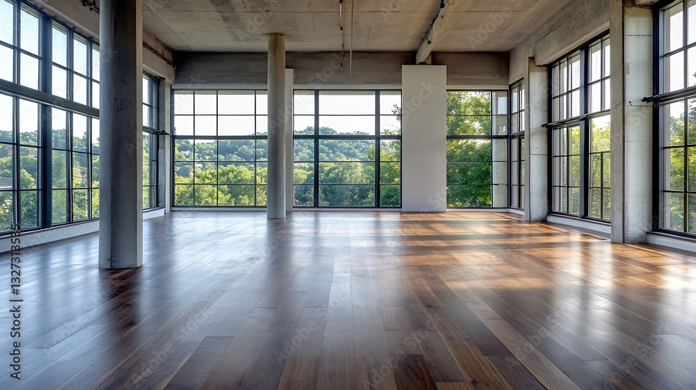 Poster spacious and bright modern interior design of an empty room with large windows overlooking a green l