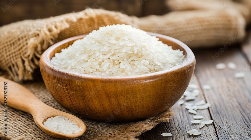 Poster closeup view of white rice piled in a wooden bowl on jute in a rustic setting : generative ai