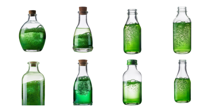 Assorted Glass Bottles with Green Liquid and Bubbles on White Background, isolated on transparent background