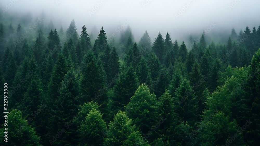 Poster lush green forest surrounded by mist creating a serene natural landscape : generative ai