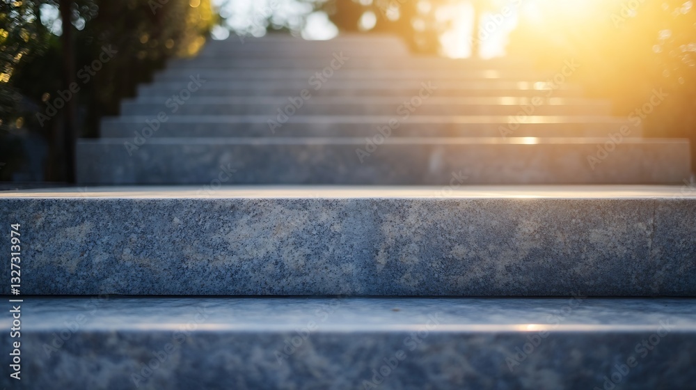 Poster beautiful close up view of sunlit stone steps leading into a serene outdoor setting : generative ai