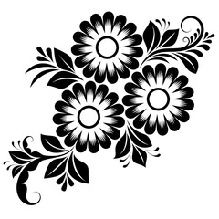 black and white floral ornament with big flowers, swirls and leaves.