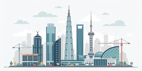 Minimalist Shanghai Skyline Illustration, urban , cityscape