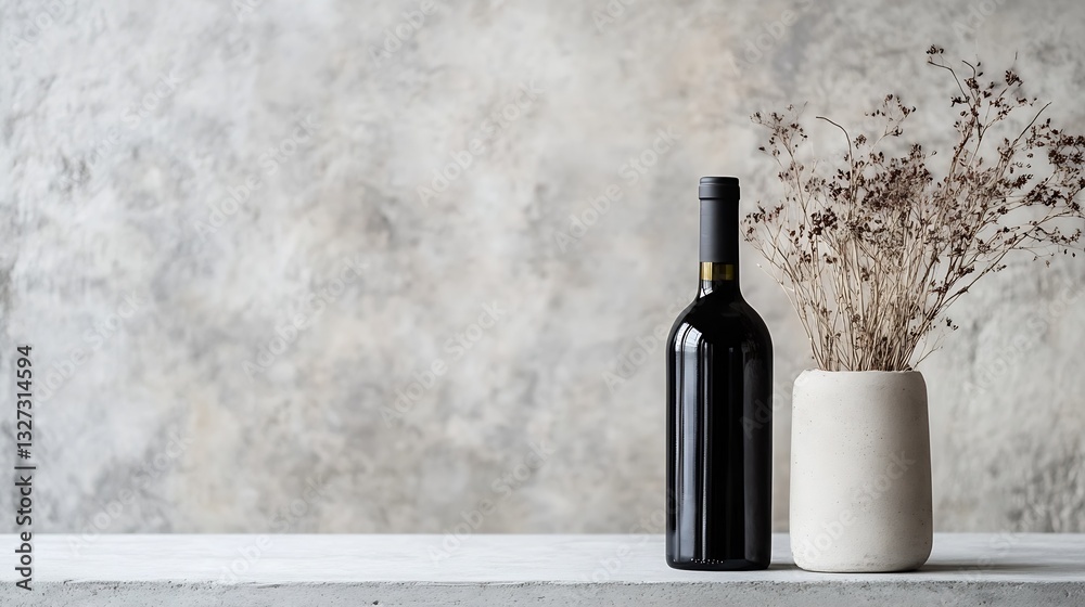 Aufkleber elegant dark wine bottle with dried flowers in a minimalist vase against a rustic textured backgroun