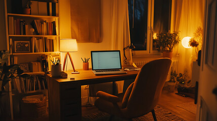 Fototapeta premium A computer desk with a laptop and a chair