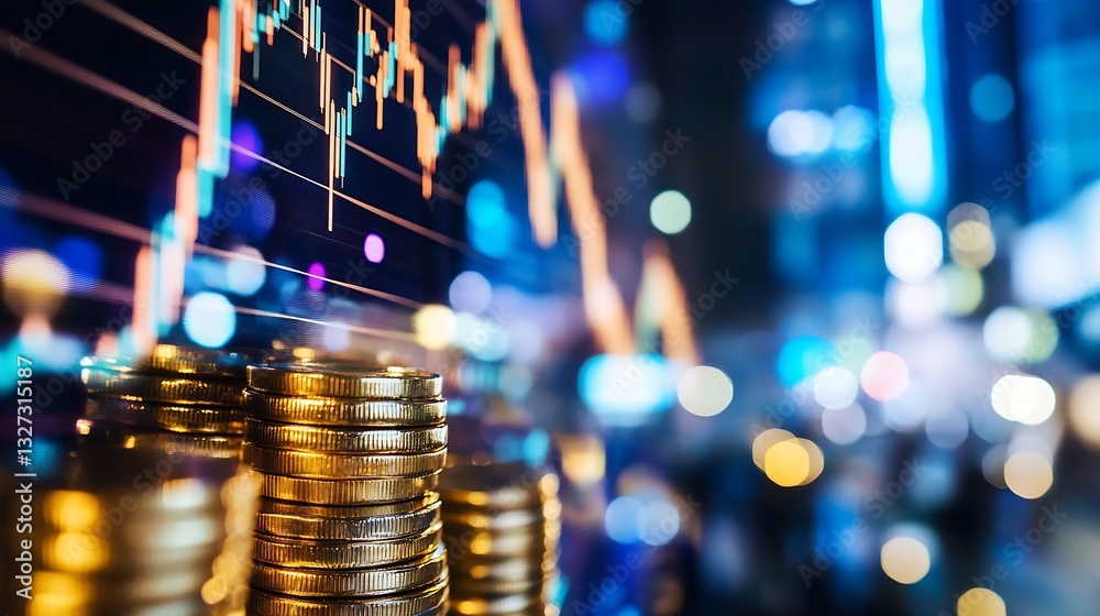 Poster Stacked golden coins with financial data graphs illustrating economic growth in a vibrant city setting : Generative AI